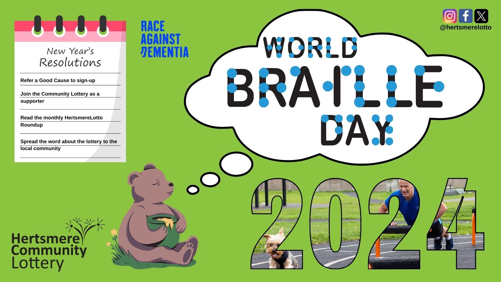 bear eating honey with thought bubble saying world braille day inside. new years resolutions on right hand side