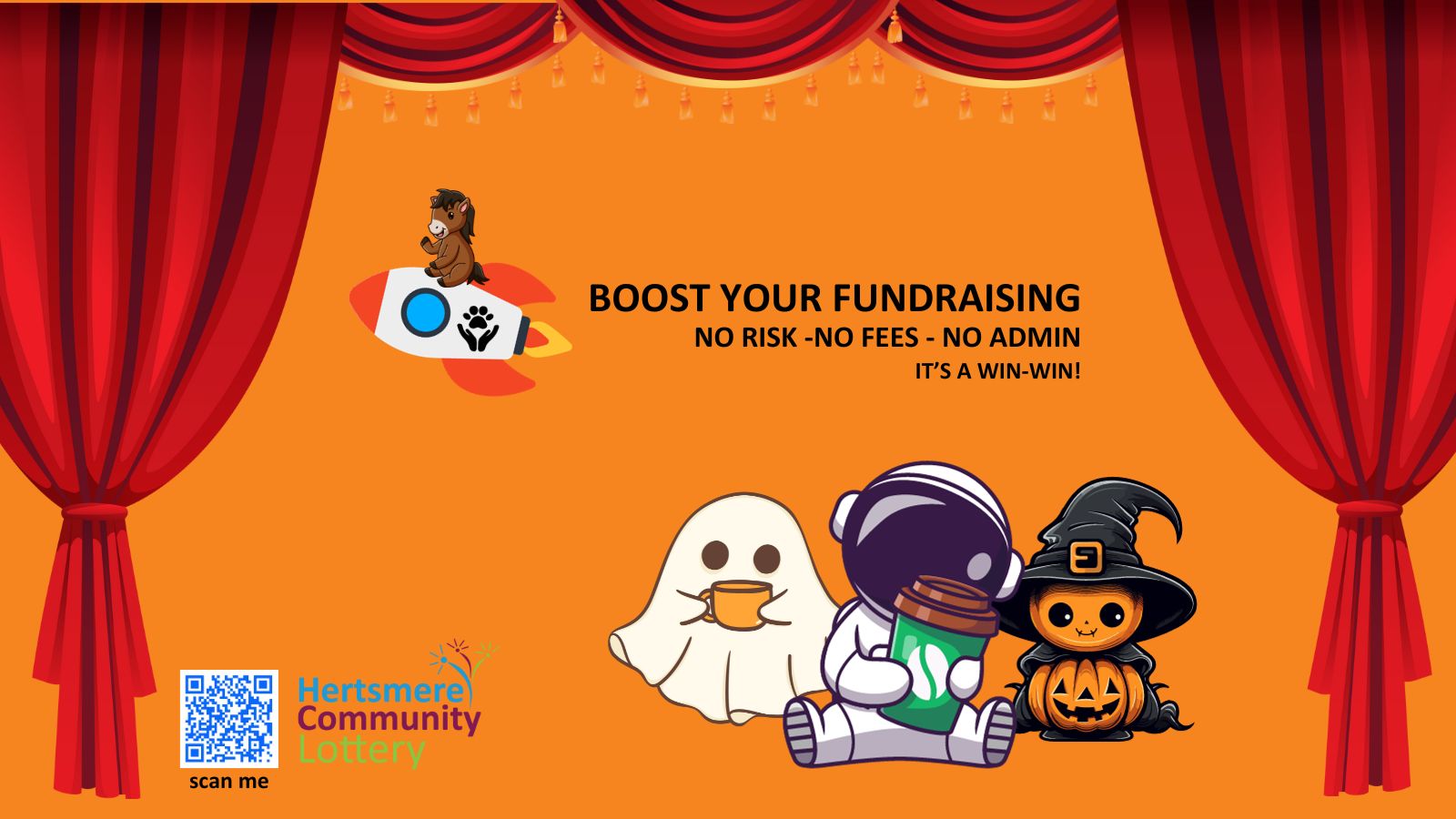 'Boost your fundraising. No risk. No fees. No admin. It's a win-win' Ghost & astronaut drinking coffee next to a pumpkin