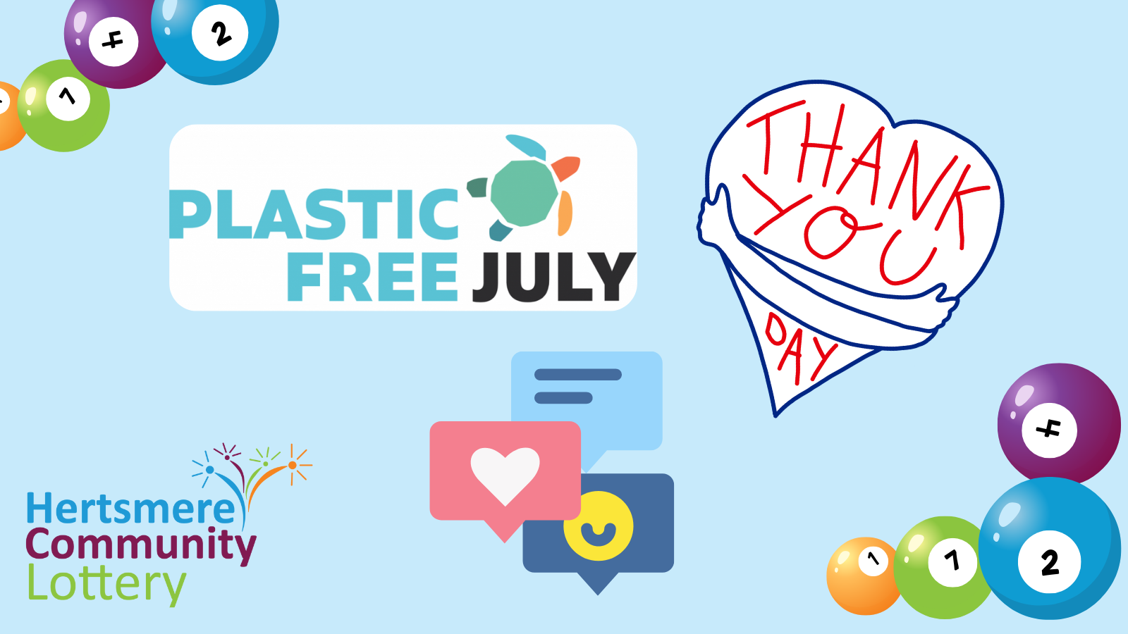 Plastic Free July campaign, Thank You day & Community Lottery logos. Some bingo balls on edges of the  infographic