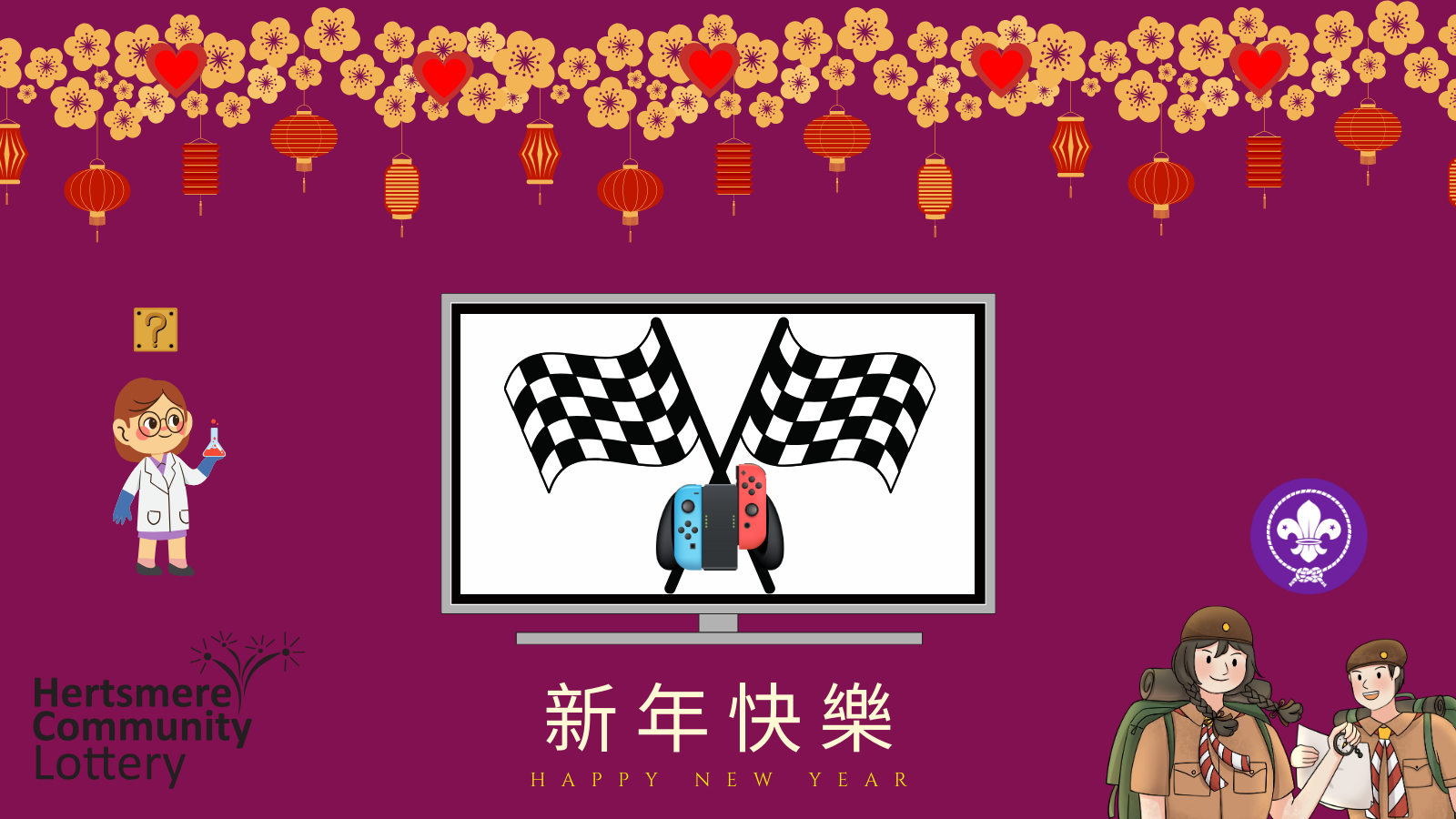 chinese new year lanterns at the top a carton tv in the middle with checkered flags inside with a nintendo switch
