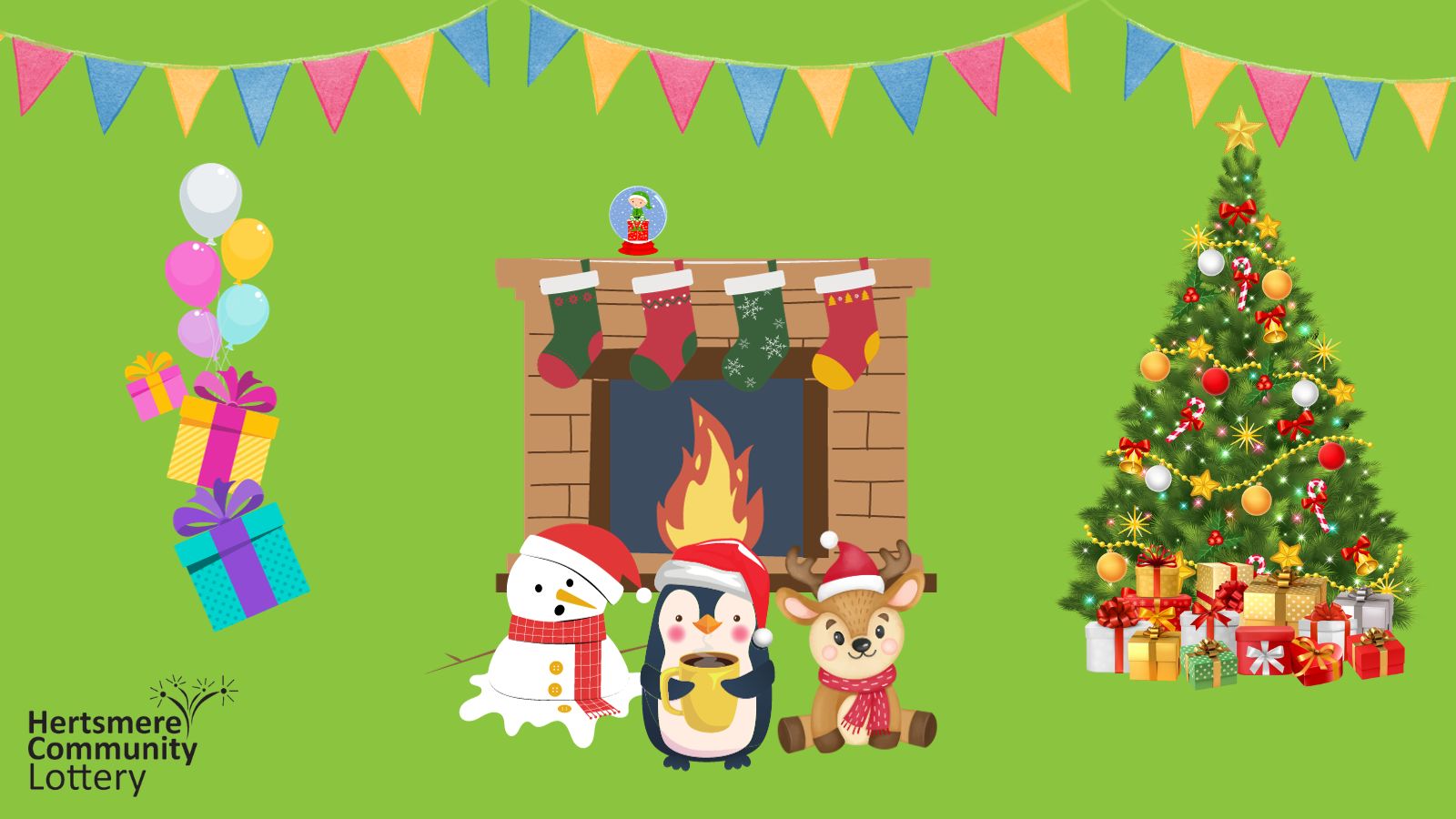 Fireplace snowman melting penguin & reindeer sitting in front. Christmas tree to the right and balloons presents on left