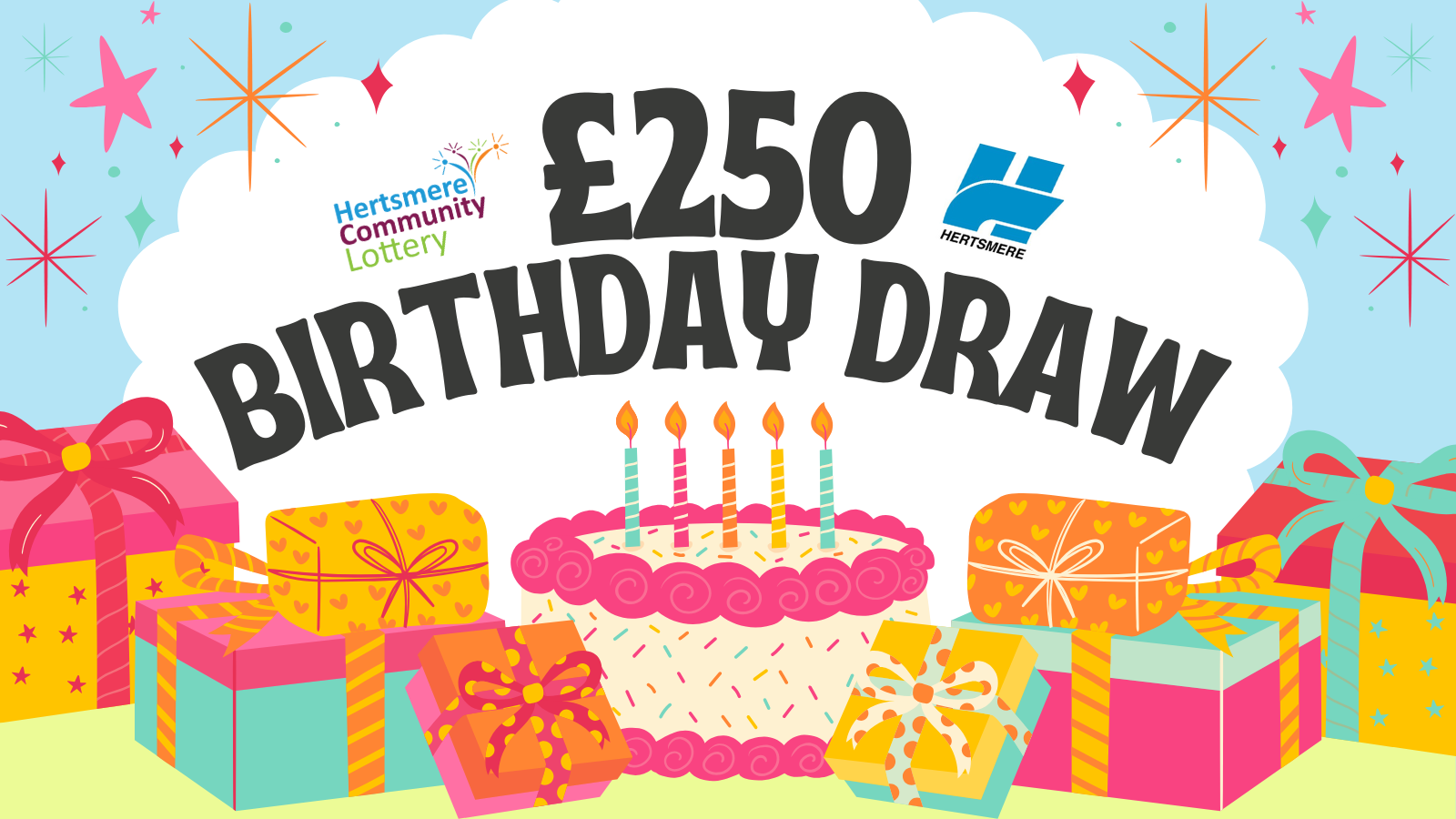 Text reading "£250 Birthday Draw" behind a cake and presents
