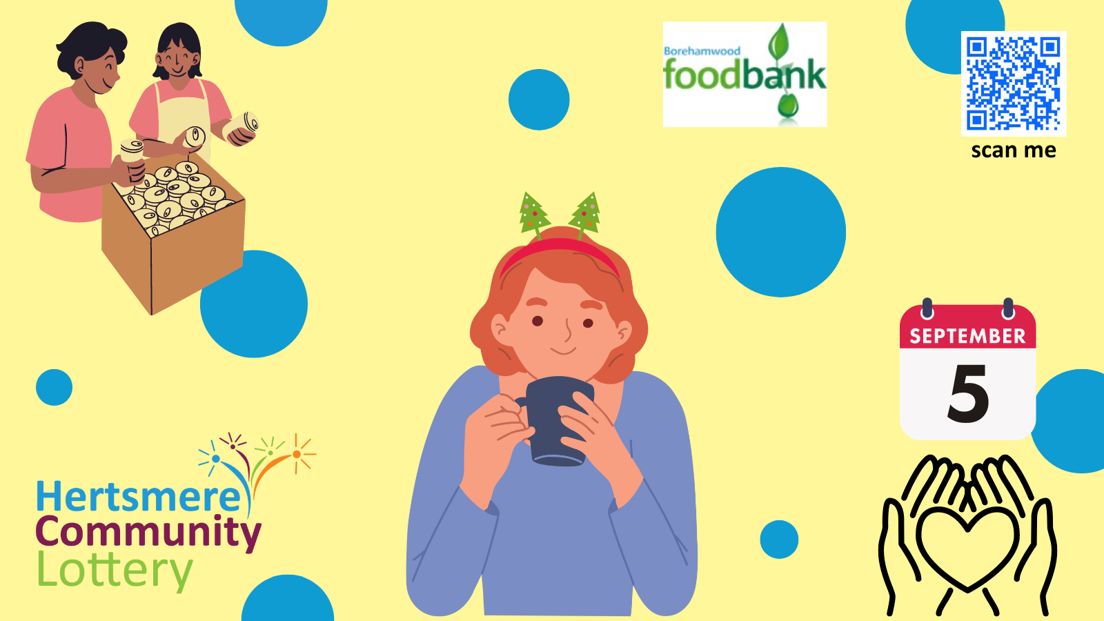 HCL & Borehamwood foodbank logos cartoon image of woman drinking coffee with Christmas tree headband